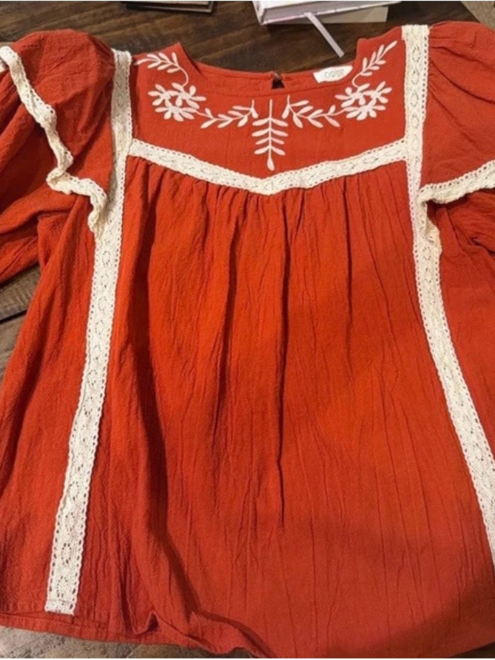 ODDY Orange Peasant Blouse with Cream Lace Trim